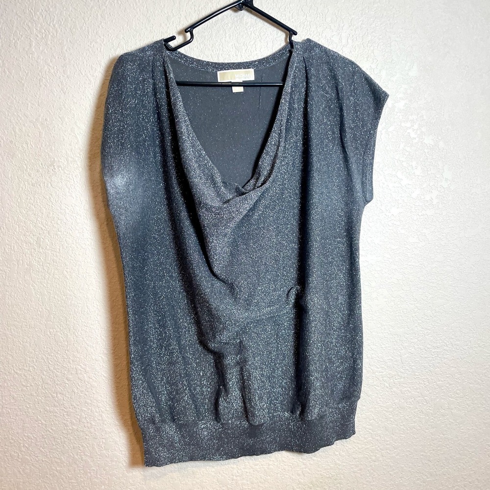 Michael Kors Pullover Sweater Womens Large Metallic Gray‎ Cowl Neck Ribbed Knit